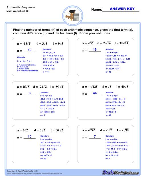 Arithmetic sequences worksheets including practice finding the common difference for a sequence of numbers, or finding arbitrary nth terms in an arithmetic sequence given its formula definition.  Arithmetic Sequence Number Of Terms V2