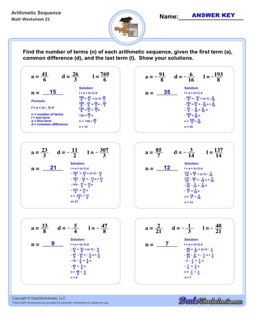 Arithmetic sequences worksheets including practice finding the common difference for a sequence of numbers, or finding arbitrary nth terms in an arithmetic sequence given its formula definition.  Arithmetic Sequence Number Of Terms V3