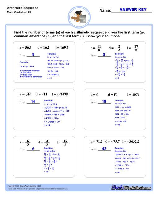 Arithmetic sequences worksheets including practice finding the common difference for a sequence of numbers, or finding arbitrary nth terms in an arithmetic sequence given its formula definition.  Arithmetic Sequence Number Of Terms V4