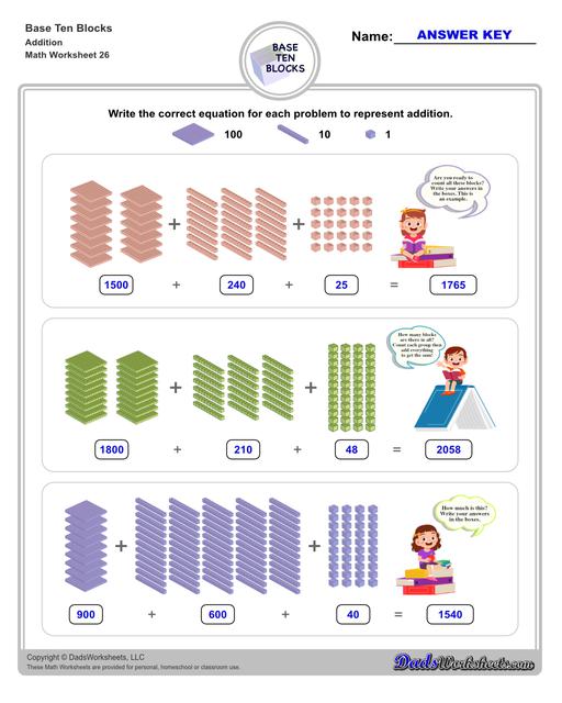 Base ten blocks worksheets that teach basic addition, subtraction, number sense and place value using visual representations of quantity. Appropriate for preschool, Kindergarten and first grade students learning basic math skills.  Base Ten Blocks Addition V2