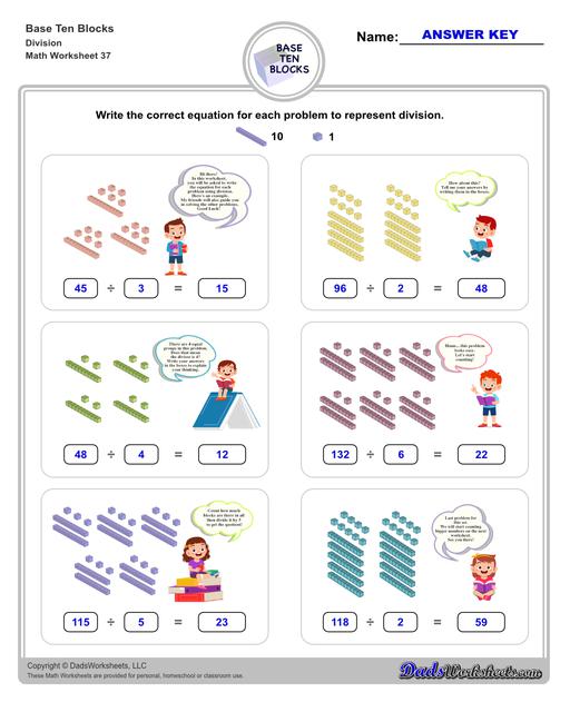 Base ten blocks worksheets that teach basic addition, subtraction, number sense and place value using visual representations of quantity. Appropriate for preschool, Kindergarten and first grade students learning basic math skills.  Base Ten Blocks Division V1