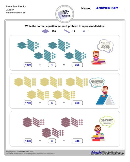 Base ten blocks worksheets that teach basic addition, subtraction, number sense and place value using visual representations of quantity. Appropriate for preschool, Kindergarten and first grade students learning basic math skills.  Base Ten Blocks Division V2