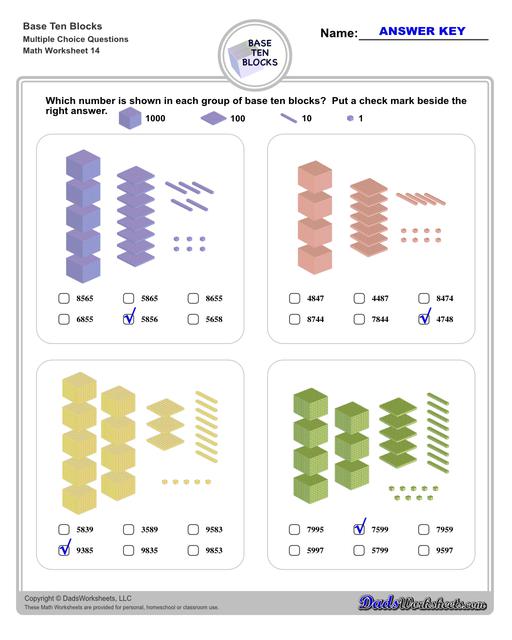 Base ten blocks worksheets that teach basic addition, subtraction, number sense and place value using visual representations of quantity. Appropriate for preschool, Kindergarten and first grade students learning basic math skills. Multiple Choice V2