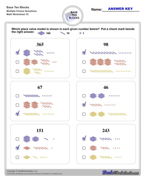 Base ten blocks worksheets that teach basic addition, subtraction, number sense and place value using visual representations of quantity. Appropriate for preschool, Kindergarten and first grade students learning basic math skills. Multiple Choice V3