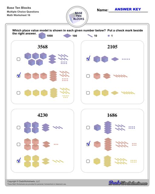 Base ten blocks worksheets that teach basic addition, subtraction, number sense and place value using visual representations of quantity. Appropriate for preschool, Kindergarten and first grade students learning basic math skills. Multiple Choice V4