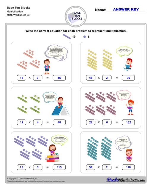 Multiplication Using Base Ten Blocks Worksheets