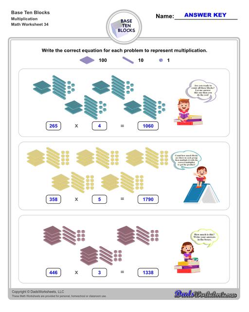 Base ten blocks worksheets that teach basic addition, subtraction, number sense and place value using visual representations of quantity. Appropriate for preschool, Kindergarten and first grade students learning basic math skills.  Base Ten Blocks Multiplication V2