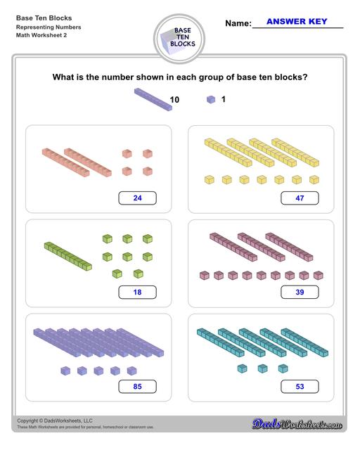 Base ten blocks worksheets that teach basic addition, subtraction, number sense and place value using visual representations of quantity. Appropriate for preschool, Kindergarten and first grade students learning basic math skills. Number Sense V2