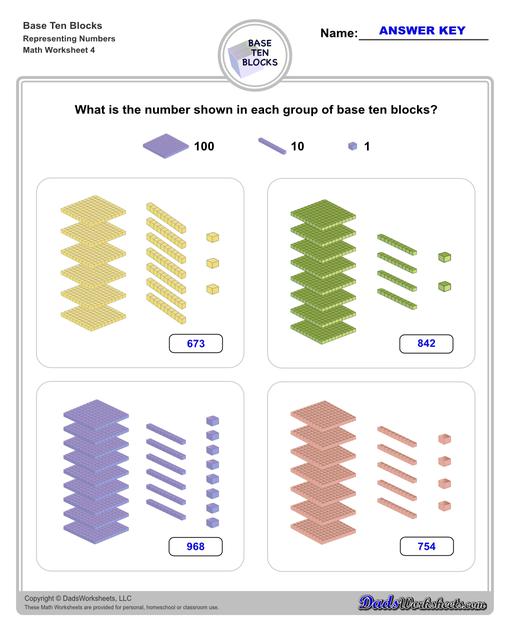 Base ten blocks worksheets that teach basic addition, subtraction, number sense and place value using visual representations of quantity. Appropriate for preschool, Kindergarten and first grade students learning basic math skills. Number Sense V4