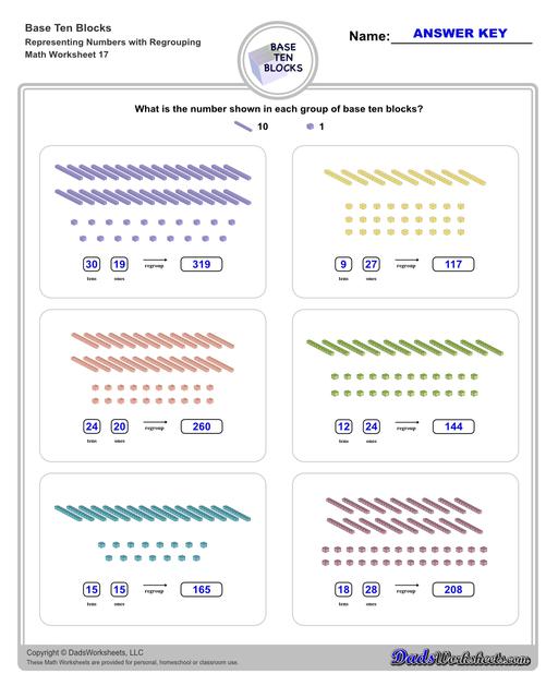 Base ten blocks worksheets that teach basic addition, subtraction, number sense and place value using visual representations of quantity. Appropriate for preschool, Kindergarten and first grade students learning basic math skills. Numbers With Regrouping V1