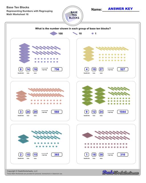 Base ten blocks worksheets that teach basic addition, subtraction, number sense and place value using visual representations of quantity. Appropriate for preschool, Kindergarten and first grade students learning basic math skills. Numbers With Regrouping V2