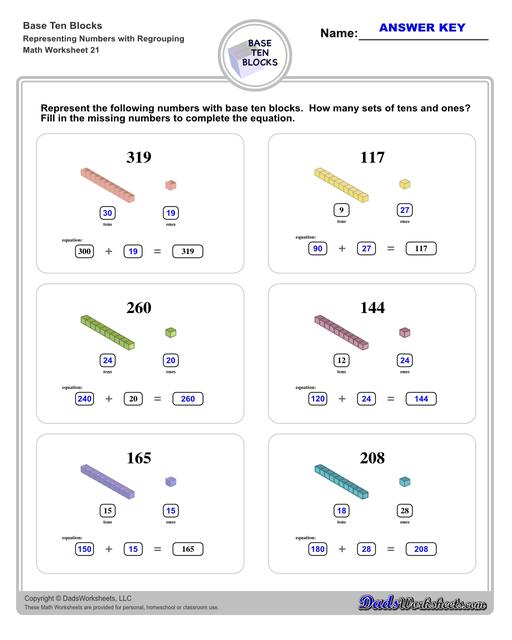 Base ten blocks worksheets that teach basic addition, subtraction, number sense and place value using visual representations of quantity. Appropriate for preschool, Kindergarten and first grade students learning basic math skills. Numbers With Regrouping V5