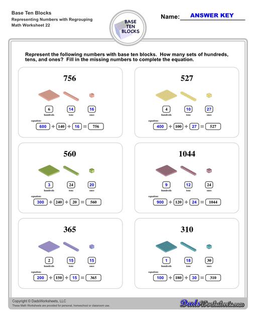 Base ten blocks worksheets that teach basic addition, subtraction, number sense and place value using visual representations of quantity. Appropriate for preschool, Kindergarten and first grade students learning basic math skills. Numbers With Regrouping V6