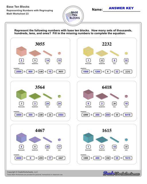 Base ten blocks worksheets that teach basic addition, subtraction, number sense and place value using visual representations of quantity. Appropriate for preschool, Kindergarten and first grade students learning basic math skills. Numbers With Regrouping V7