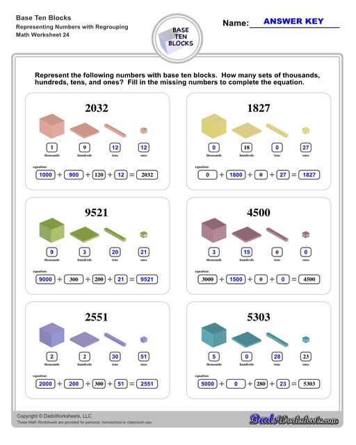 Base ten blocks worksheets that teach basic addition, subtraction, number sense and place value using visual representations of quantity. Appropriate for preschool, Kindergarten and first grade students learning basic math skills. Numbers With Regrouping V8