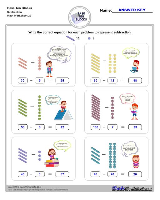 Subtraction With Base Ten Blocks Worksheets Free