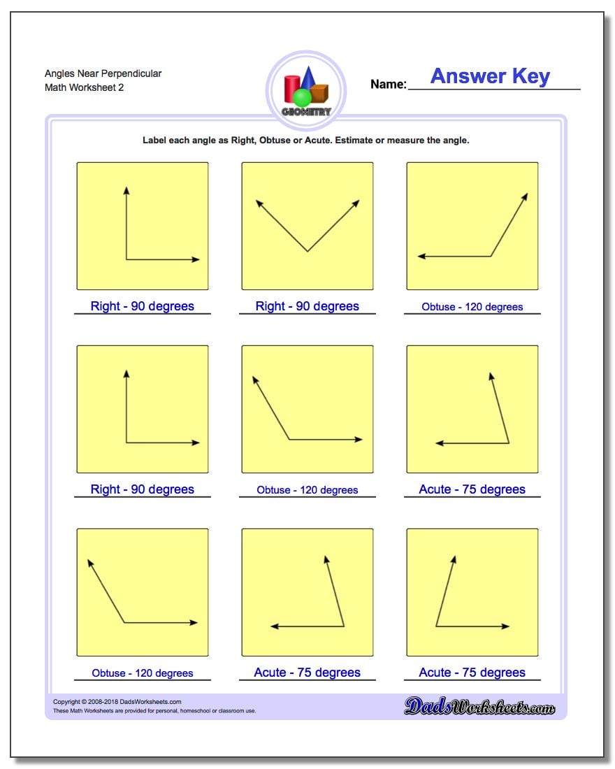 Angles Near Perpendicular www.dadsworksheets.com/worksheets/basic-geometry.html Worksheet