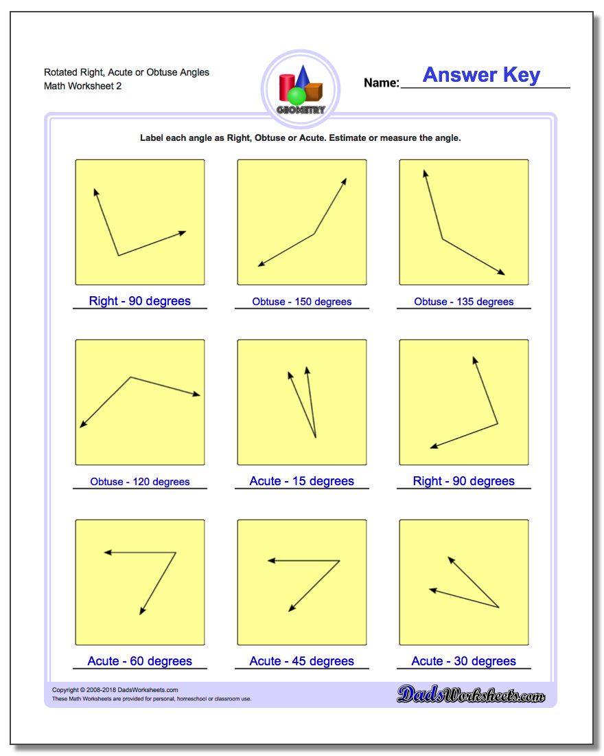 Rotated Right, Acute or Obtuse Angles www.dadsworksheets.com/worksheets/basic-geometry.html Worksheet