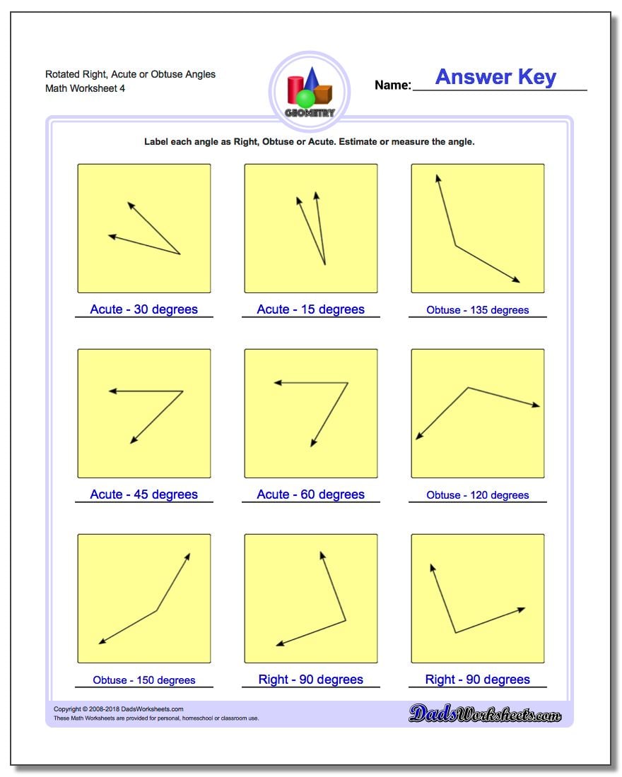 Rotated Right, Acute or Obtuse Angles Worksheet