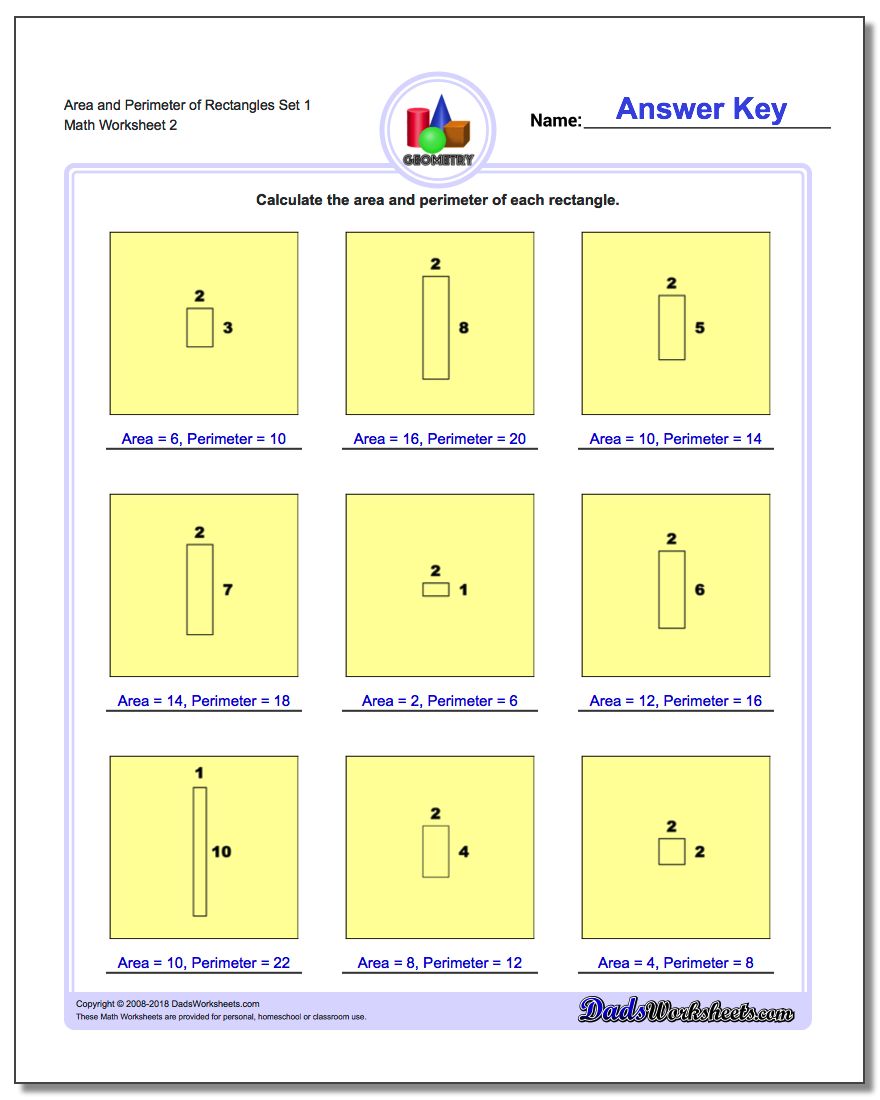 Area and Perimeter of Rectangles Set 1 www.dadsworksheets.com/worksheets/basic-geometry.html Worksheet