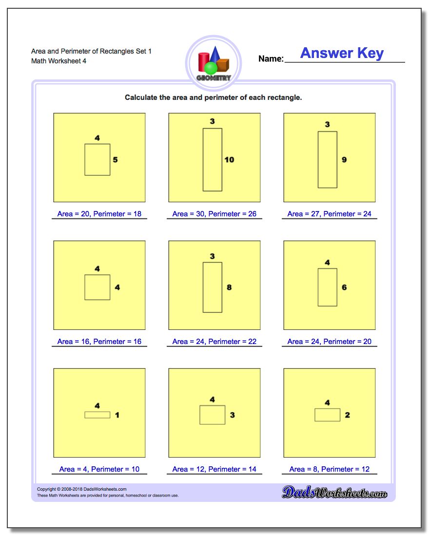 Area and Perimeter of Rectangles Set 1 Worksheet