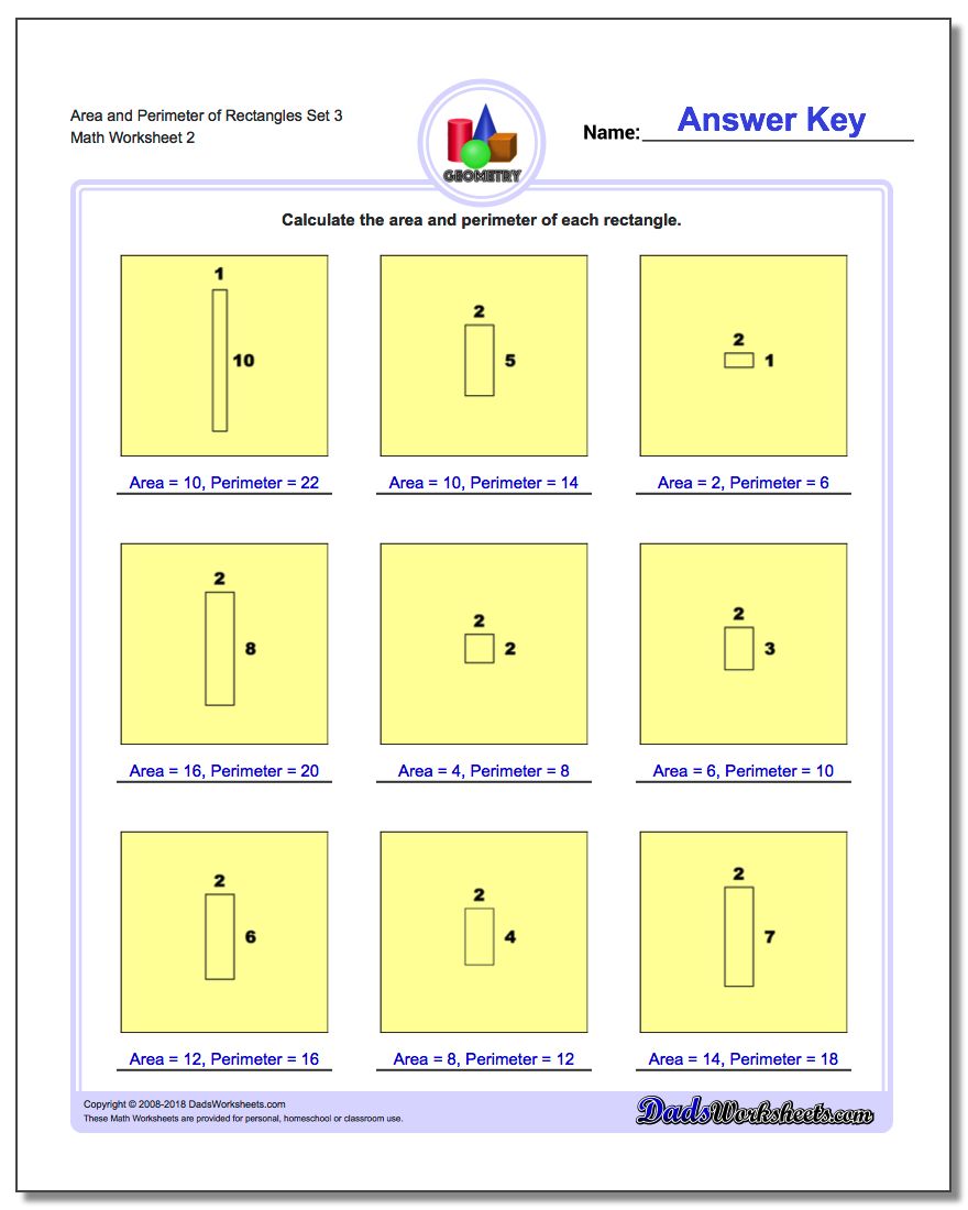 Area and Perimeter of Rectangles Set 3 www.dadsworksheets.com/worksheets/basic-geometry.html Worksheet