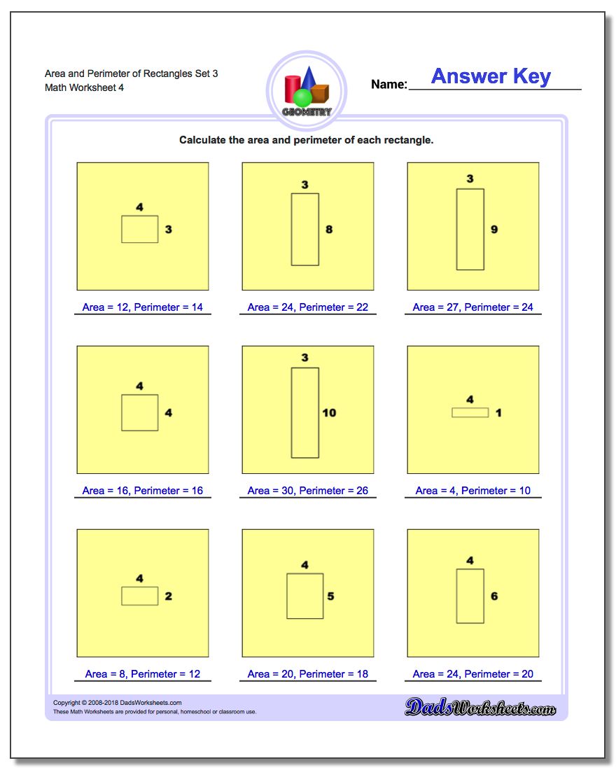 Area and Perimeter of Rectangles Set 3 Worksheet