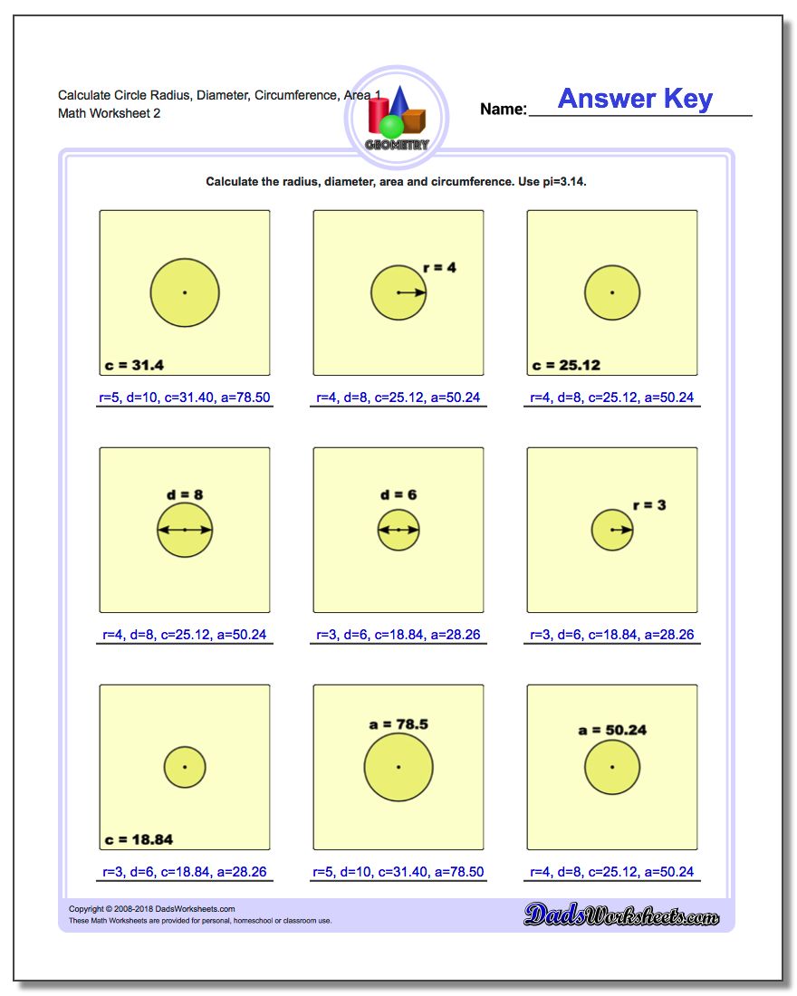 Calculate Circle Radius, Diameter, Circumference, Area 1 www.dadsworksheets.com/worksheets/basic-geometry.html Worksheet