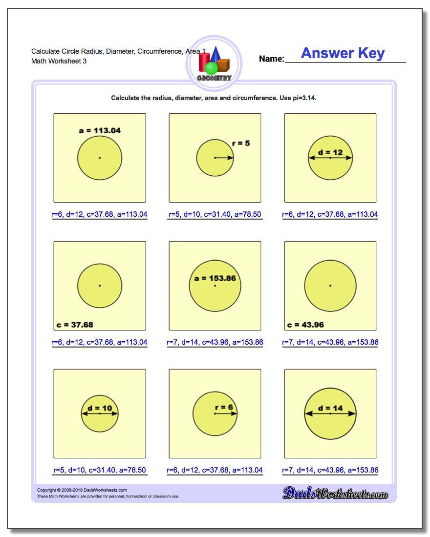 Calculate Circle Radius, Diameter, Circumference, Area 1 Worksheet