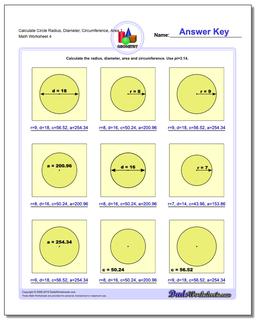 Calculate Circle Radius, Diameter, Circumference, Area 1 Worksheet