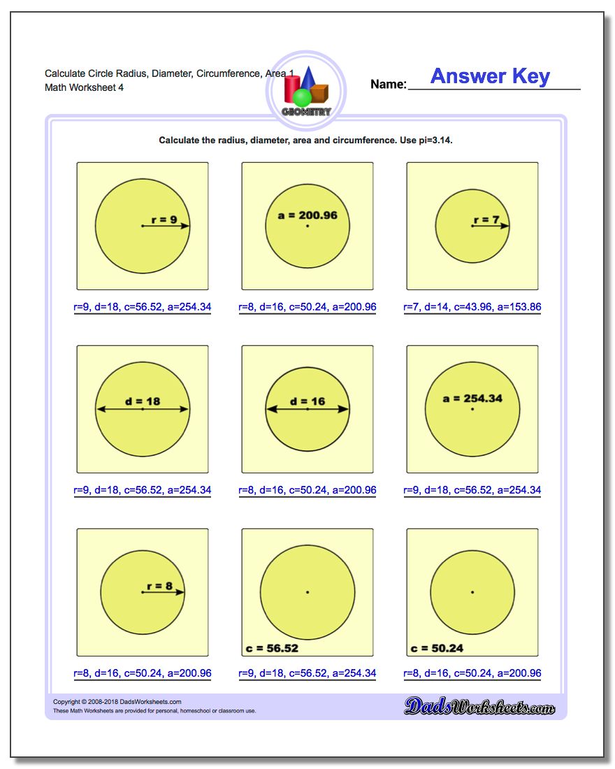 Calculate Circle Radius, Diameter, Circumference, Area 1 Worksheet