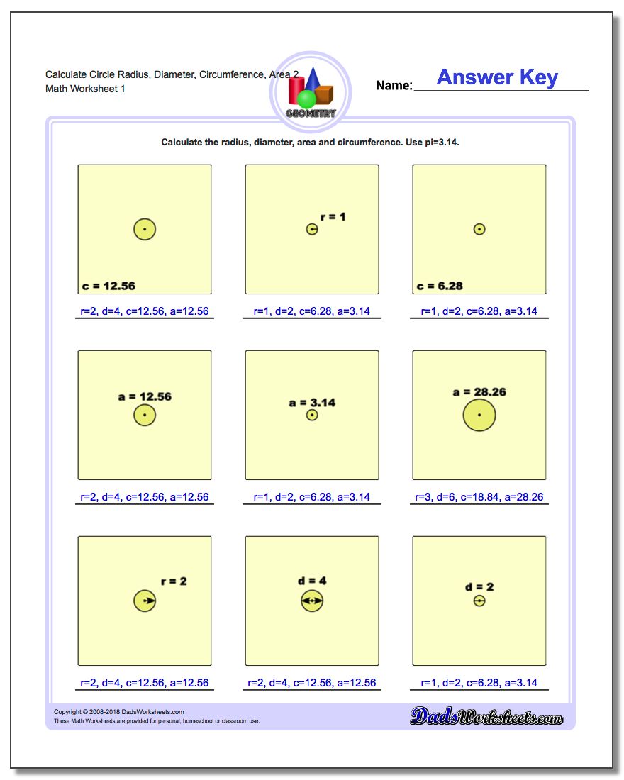 Calculate Circle Radius, Diameter, Circumference, Area 2 Basic Geometry Worksheet