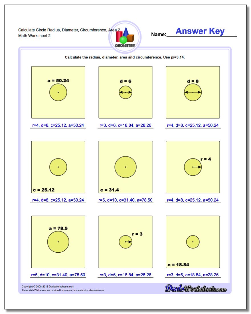 Calculate Circle Radius, Diameter, Circumference, Area 2 www.dadsworksheets.com/worksheets/basic-geometry.html Worksheet