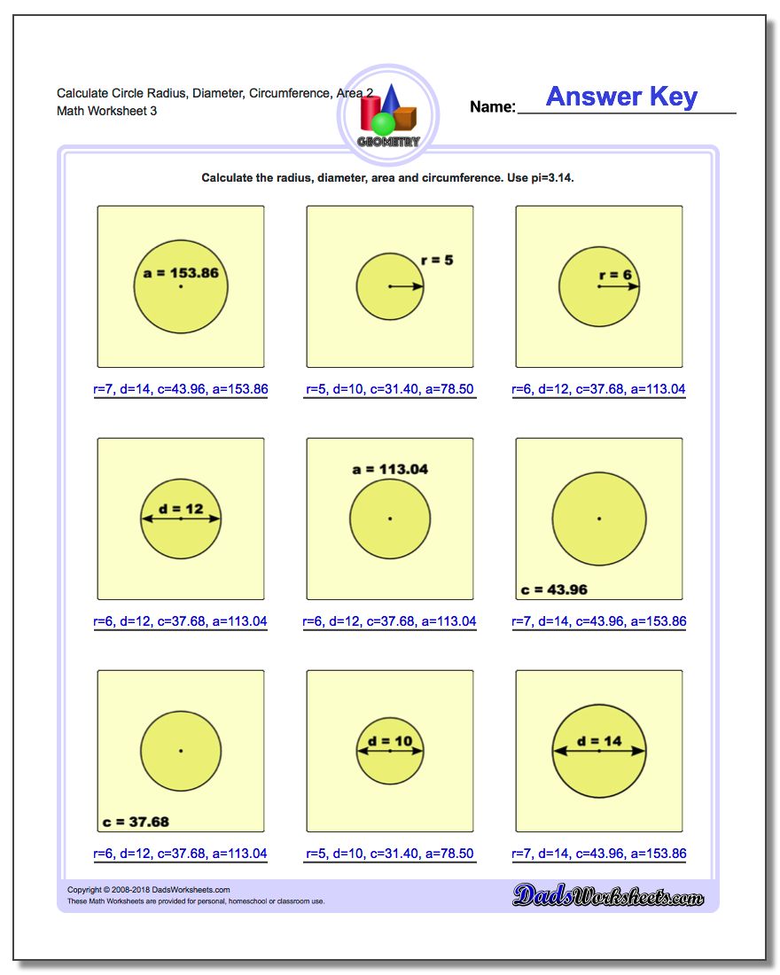 Calculate Circle Radius, Diameter, Circumference, Area 2 Worksheet