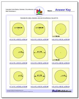 Calculate Circle Radius, Diameter, Circumference, Area 2 Worksheet