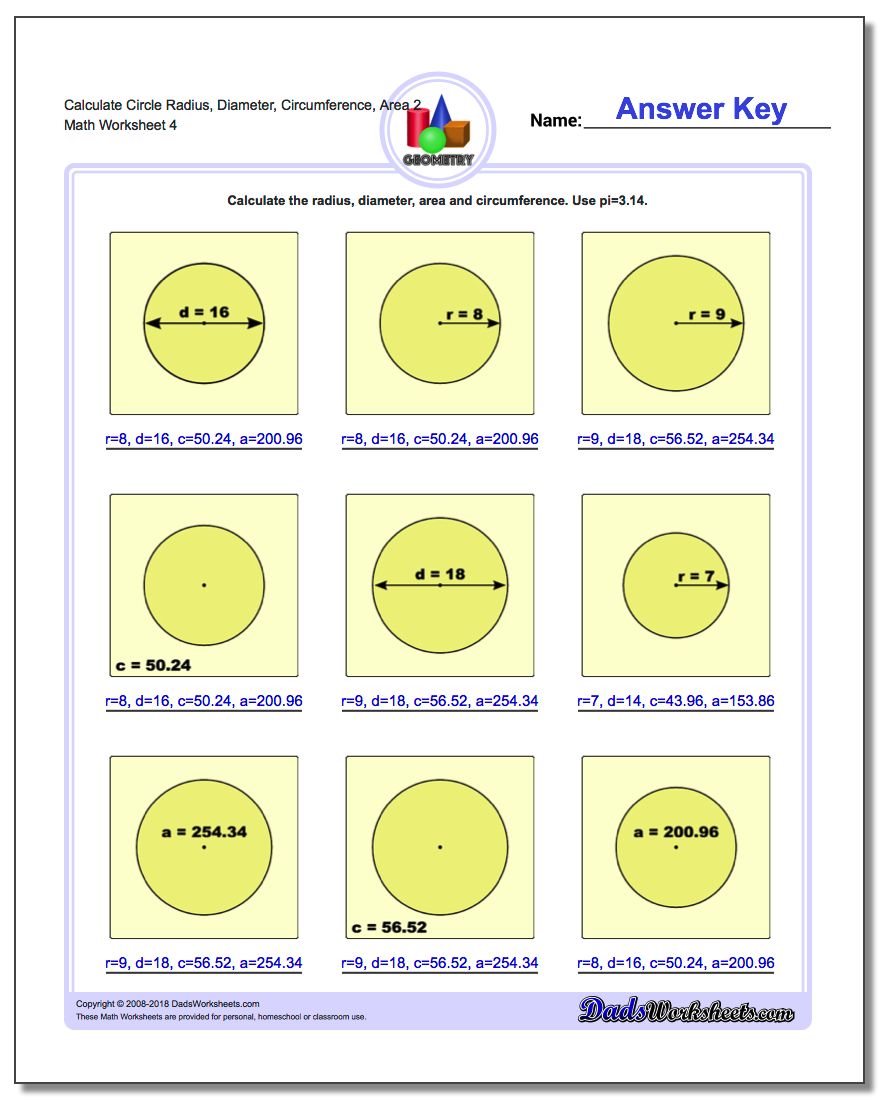 Calculate Circle Radius, Diameter, Circumference, Area 2 Worksheet