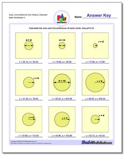 Area, Circumference from Radius, Diameter Worksheet