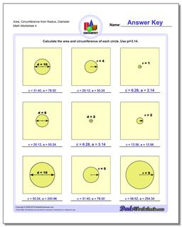 Area, Circumference from Radius, Diameter Worksheet