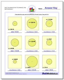 Area, Circumference from Circumference, Area Worksheet