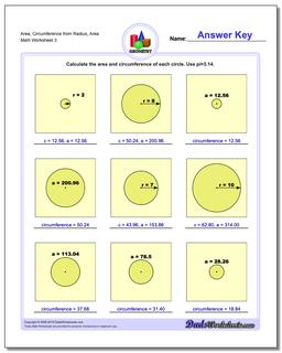 Area, Circumference from Radius, Area Worksheet