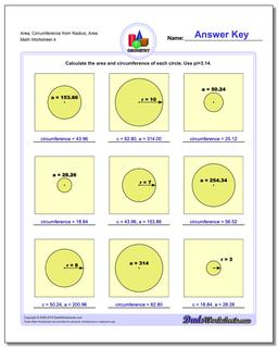 Area, Circumference from Radius, Area Worksheet