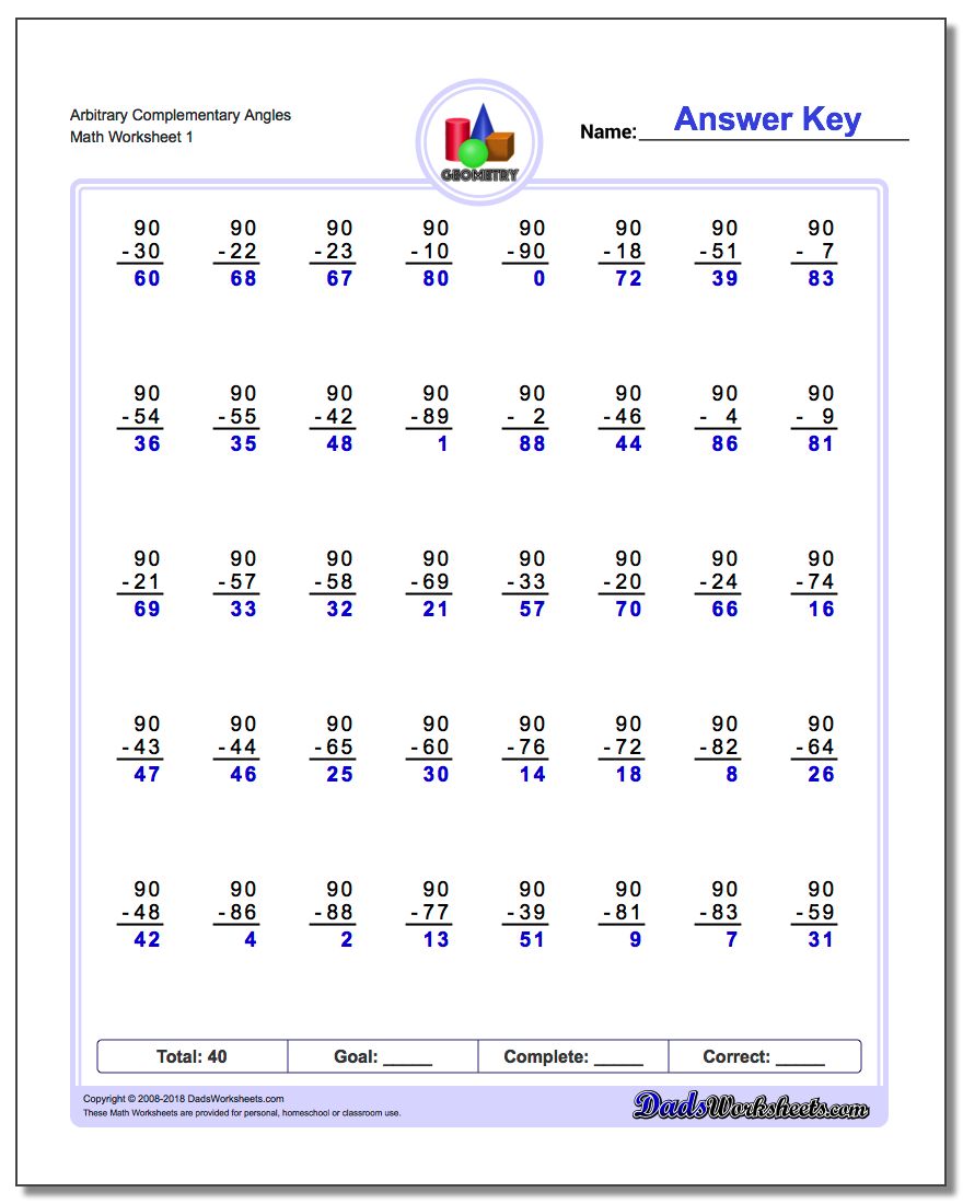 Arbitrary Complementary Angles Basic Geometry Worksheet
