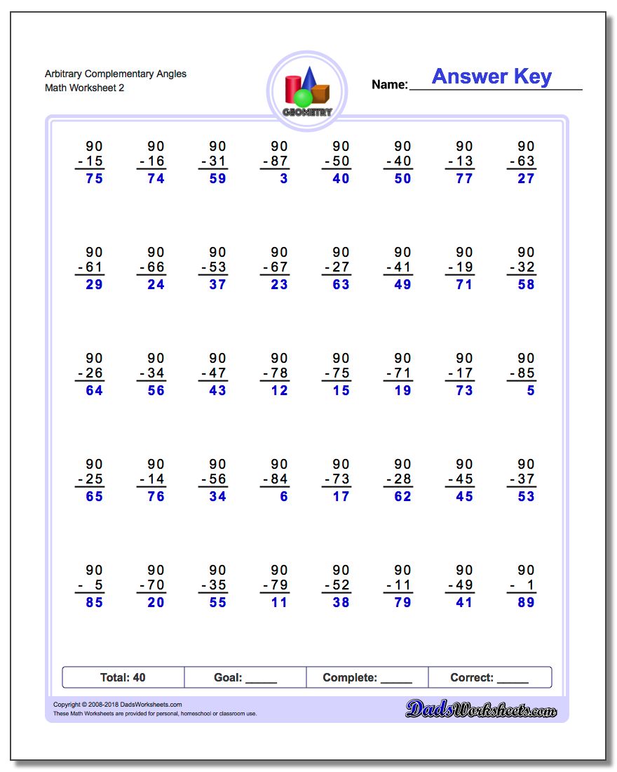 Arbitrary Complementary Angles www.dadsworksheets.com/worksheets/basic-geometry.html Worksheet
