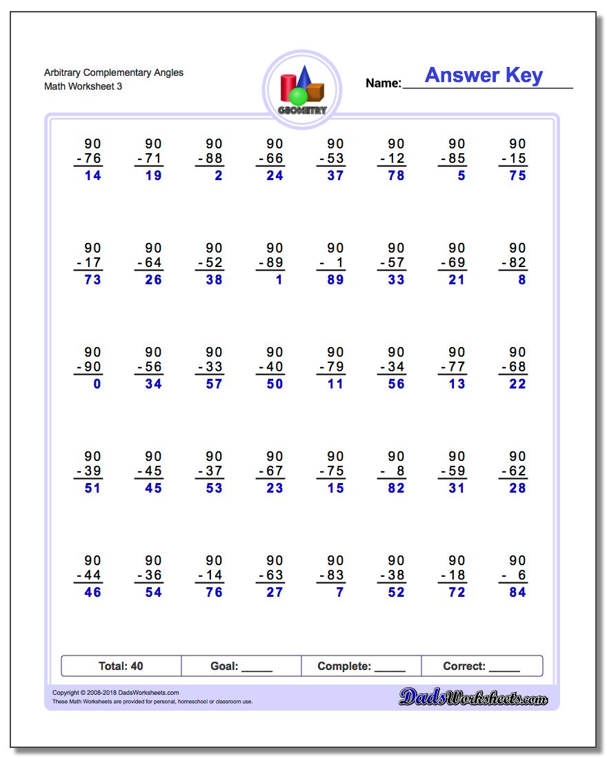 Arbitrary Complementary Angles Worksheet