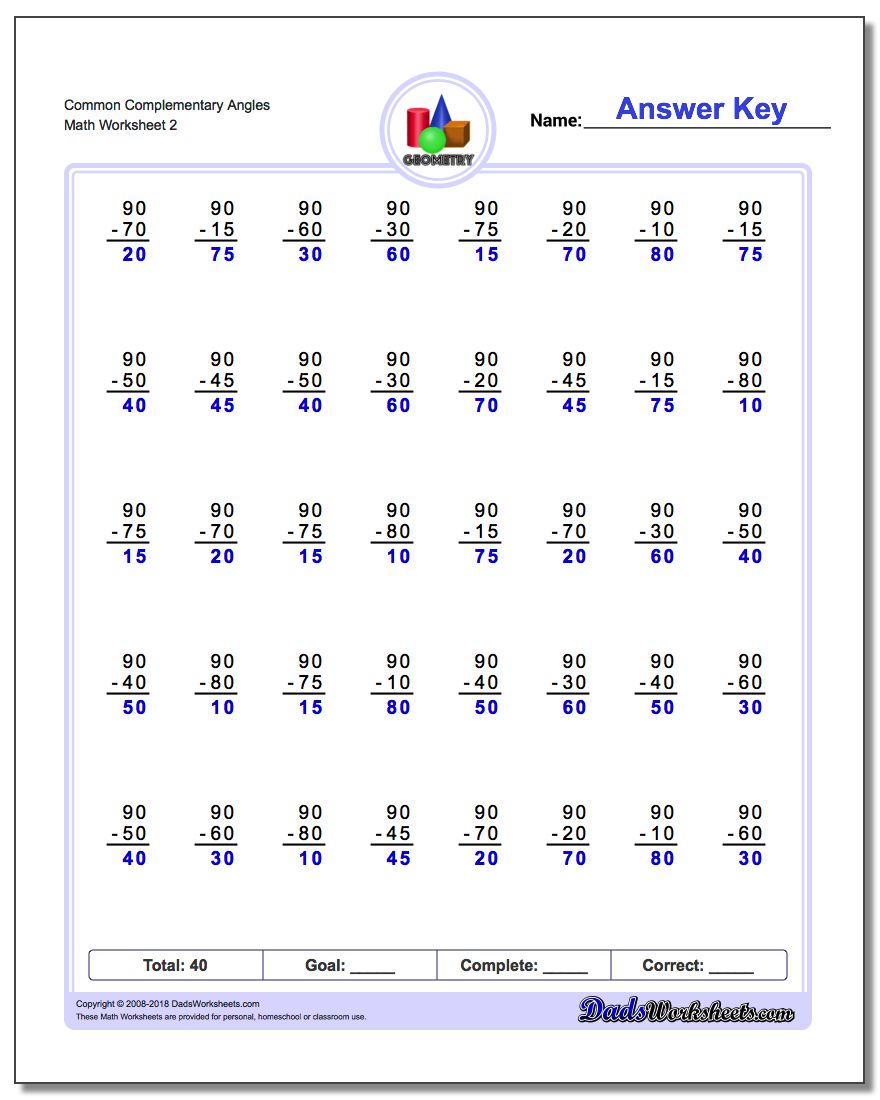 Common Complementary Angles www.dadsworksheets.com/worksheets/basic-geometry.html Worksheet