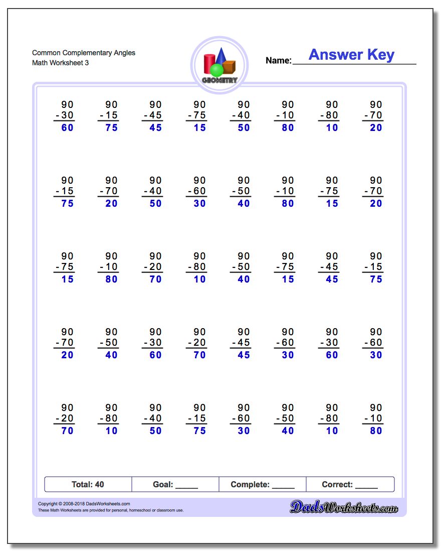 Common Complementary Angles Worksheet