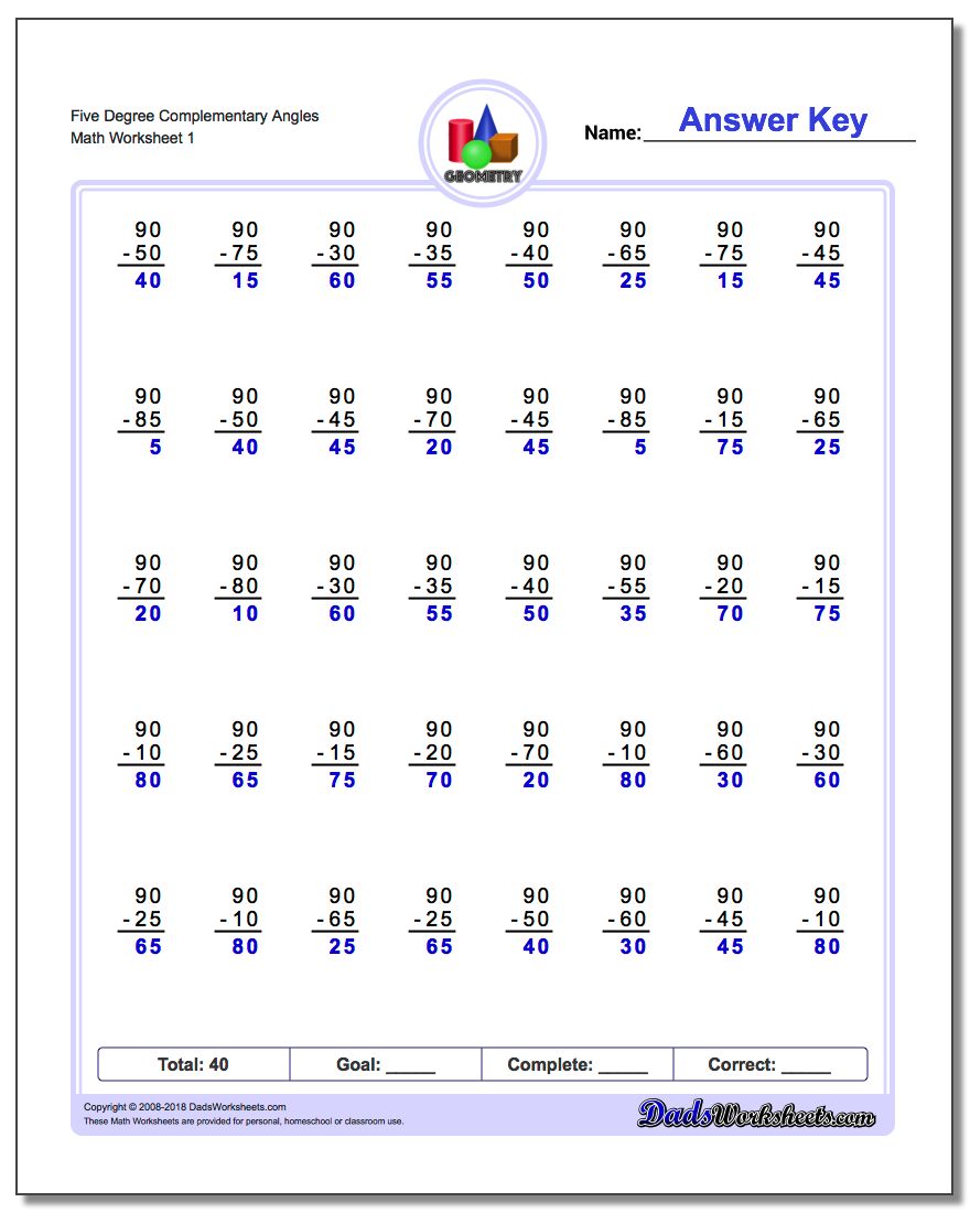 Five Degree Complementary Angles Basic Geometry Worksheet