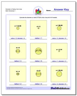 Diameter or Radius from Area Basic Geometry Worksheet