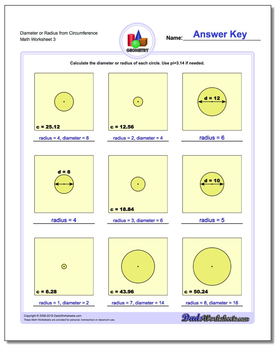 Diameter or Radius from Circumference Worksheet