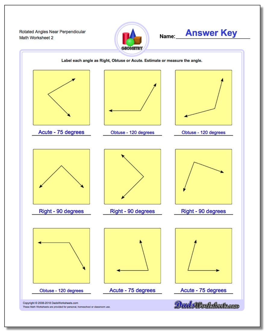 Rotated Angles Near Perpendicular www.dadsworksheets.com/worksheets/basic-geometry.html Worksheet